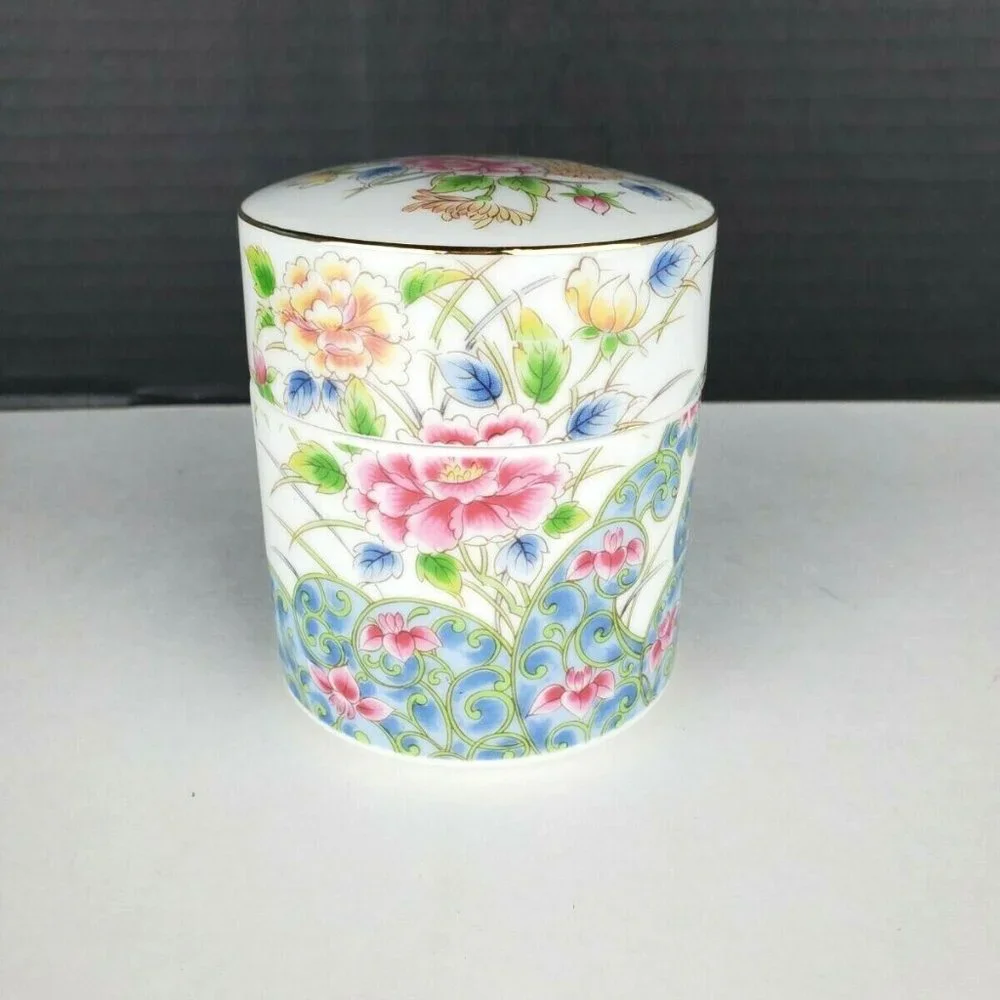 Laudel Floral Oriental Fine Bone China Large Round Deep Trinket Box Japan Made